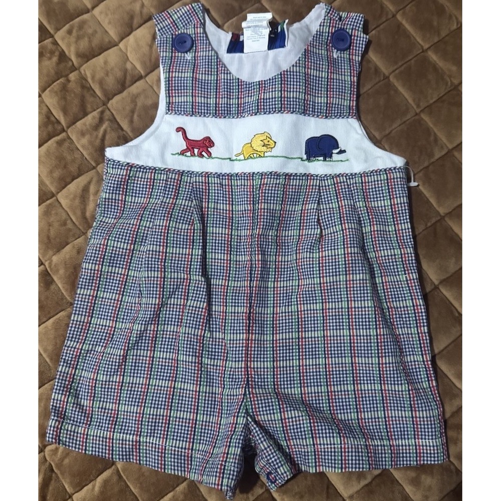 Samara Baby Boys Size 12M Zoo Monkey Lion Elephant Plaid Romper